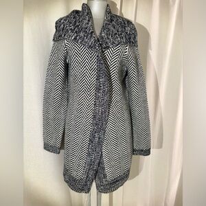 WHBM Open Front Herringbone Cardigan Sweater Metallic Trim Oversized Knit Sz LG